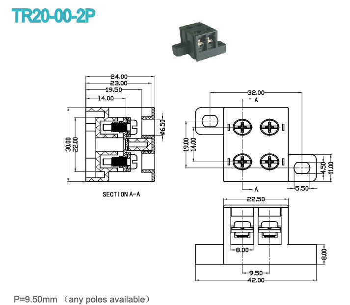 9.50mm Screw Barrier 2 Poles Panel Mount Terminal Block Electrical 300V 20A