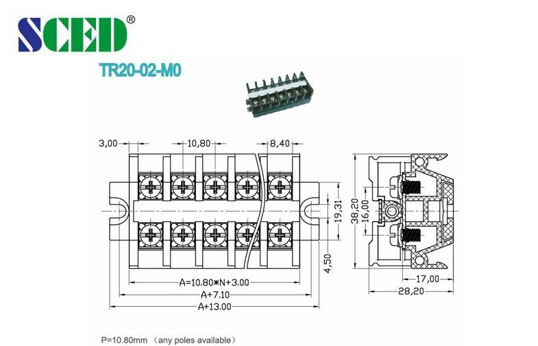Black PCB 10.8mm Panel Mounted Terminal Block Screw Barrier Type
