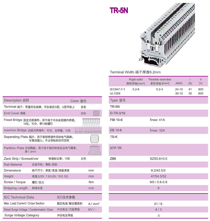 Grey Rail Mounted Terminal Blocks with Imax 41A Fixed Bridge FBI 10-6