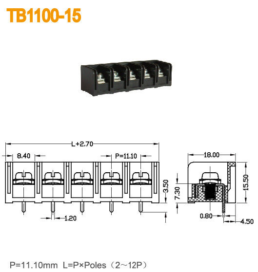 Black 20A Barrier Power Terminal Blocks With 2-12 Poles Brass PBT 11mm Pitch
