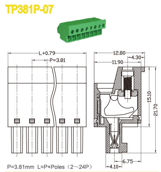 Green Color 3.81mm Pitch Plug In Terminal Block Female Parts 300V 10A
