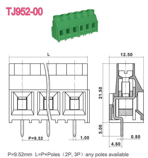 Green Color M3 Screw 9.52mm PCB Terminal Block 300V 30A 2-16 Poles
