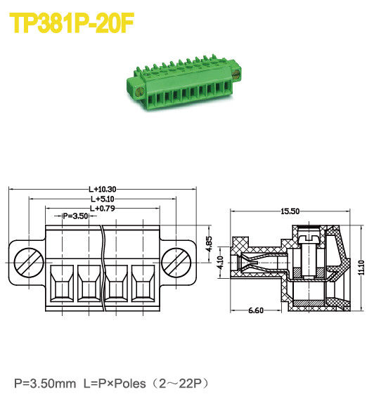 Mounting Ears Pluggable Terminal Block 8A Plug Female Sockets Pitch 3.5mm Green