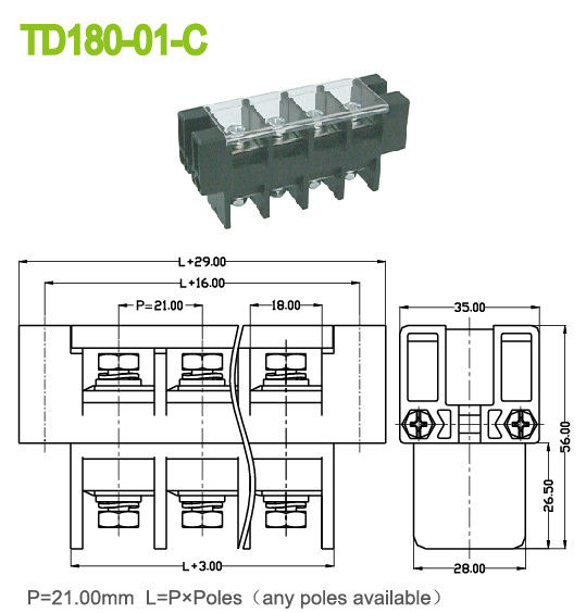 Feed Through 180A Panel Mount Terminal Block With Plastic Cover 21mm Perforation