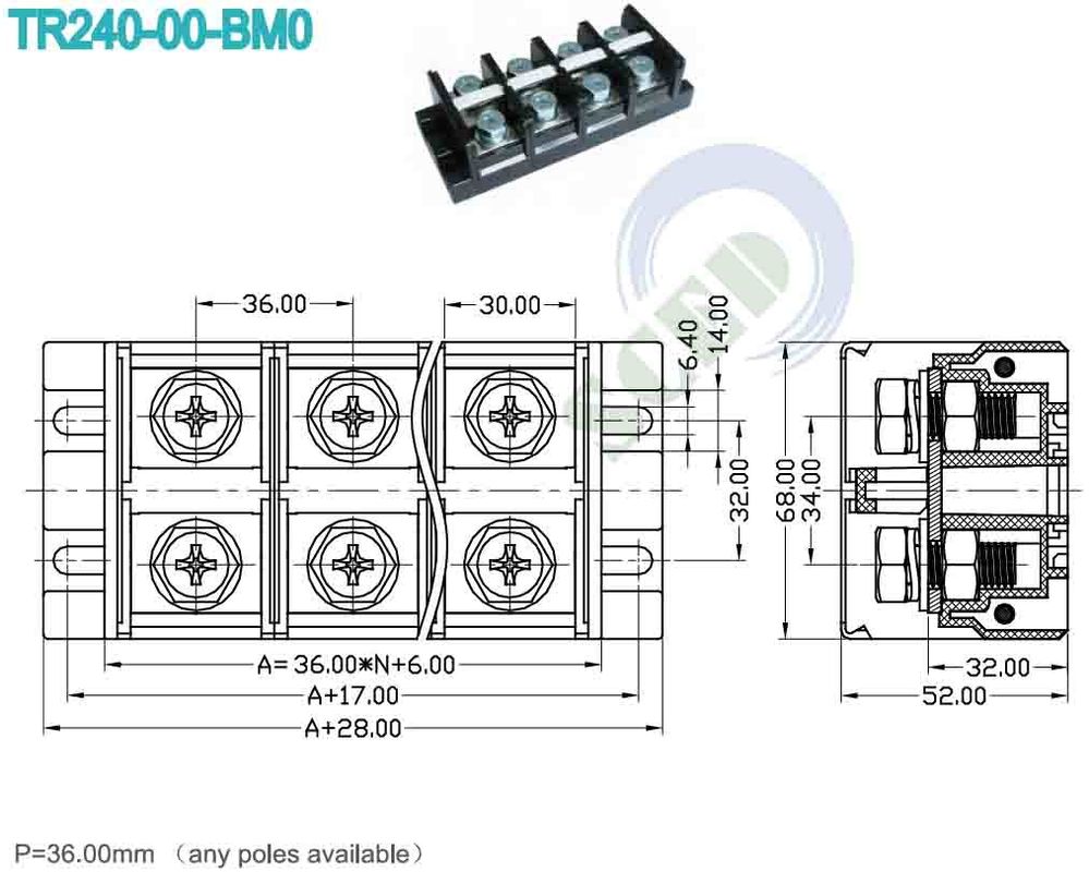 240A M10 Electrical High Current Terminal Block For Industry Control Pitch 36.0mm