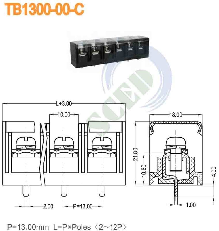 Barrier Terminal Block Pitch 13.00mm 600V 40A 2-12P Power Terminal Block PBT 20-8 aWG