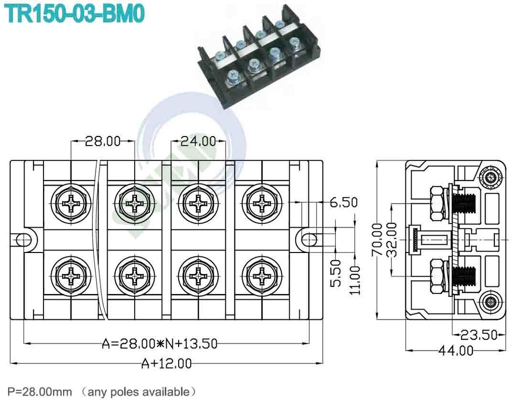 High Current Terminal Block Connector 28.00mm 600V 150A M8 Any Poles Available