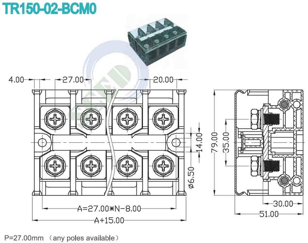 High Current Terminal Block Connector with Cover 2/0-20AWG 27.00mm 600V 200A