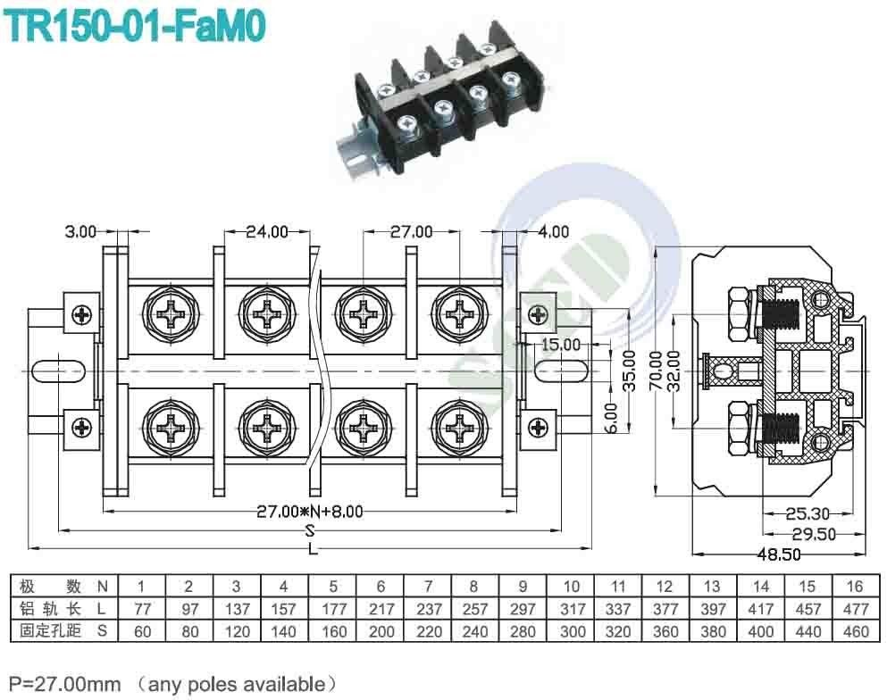 High Current Terminal Block Connector 27.00mm 600V 150A 60mm2 Any Poles Available