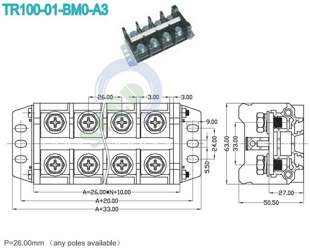 600V 101A Black PCB High Current Terminal Block For Server Site 26.00mm M8 Screw