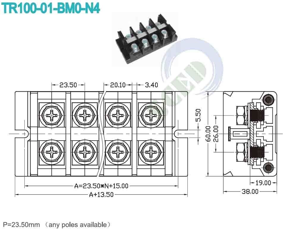 High Current Wiring PCB Switch Terminal Block 600V Pitch 23.50mm 101A