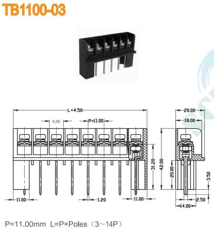 Power Barrier Terminal Block 10-22AWG 11.00mm Pitch 600V 30A Stripping Length 9-10mm Tin/Nickel Plated 3-14P