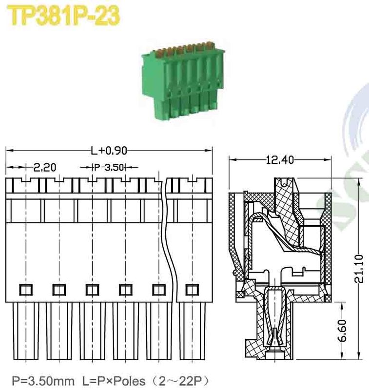 3.50mm Green Female Plug In Industrial Terminal Blocks Connectors 8A 300V 16-30AWG