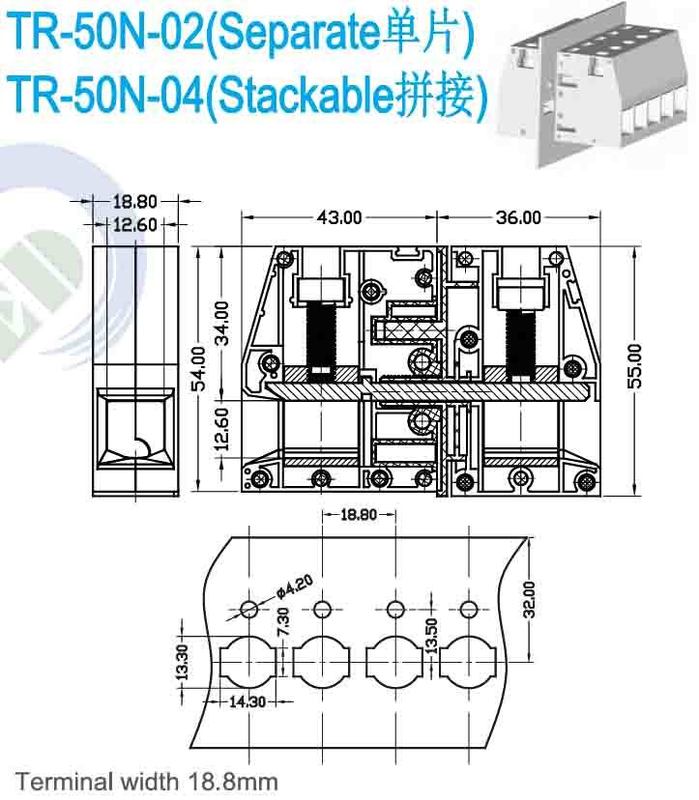DIN Rail Mounting Feed Through Terminal Block with M5 Screw and 16mm2 Rated Connecting Capacity