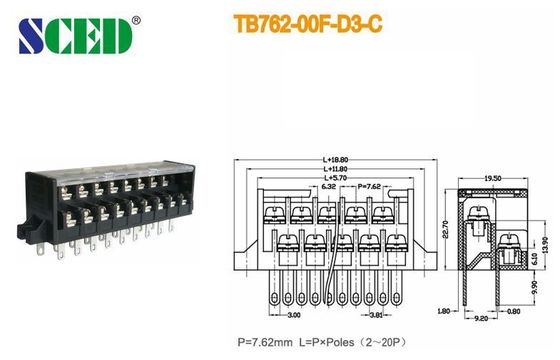7.62mm مانع نوار اتصال کلیمپ Pcb پیچ پایانه 300v دو ردیف